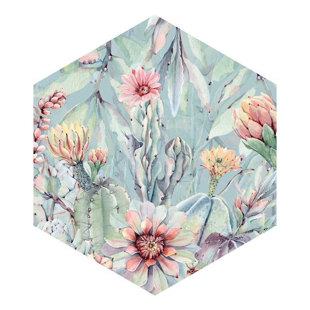 Carta da parati esagonale adesiva con disegni - Bouquet di cactus fioriti in acquerello