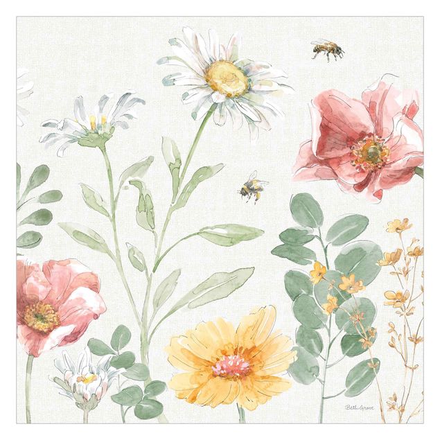 Carta da parati - Prato fiorito con api acquerello