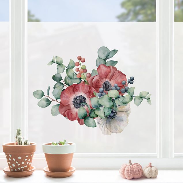 Pellicola per vetri con erbe Bouquet di anemoni e eucalipto in acquerello