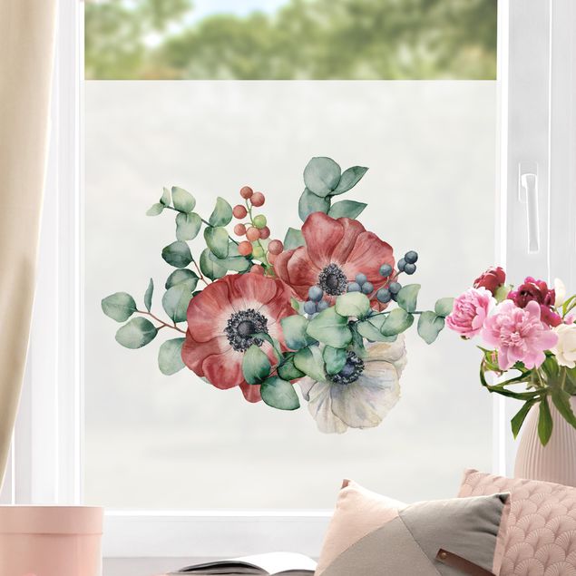 Pellicola per vetri per salone Bouquet di anemoni e eucalipto in acquerello