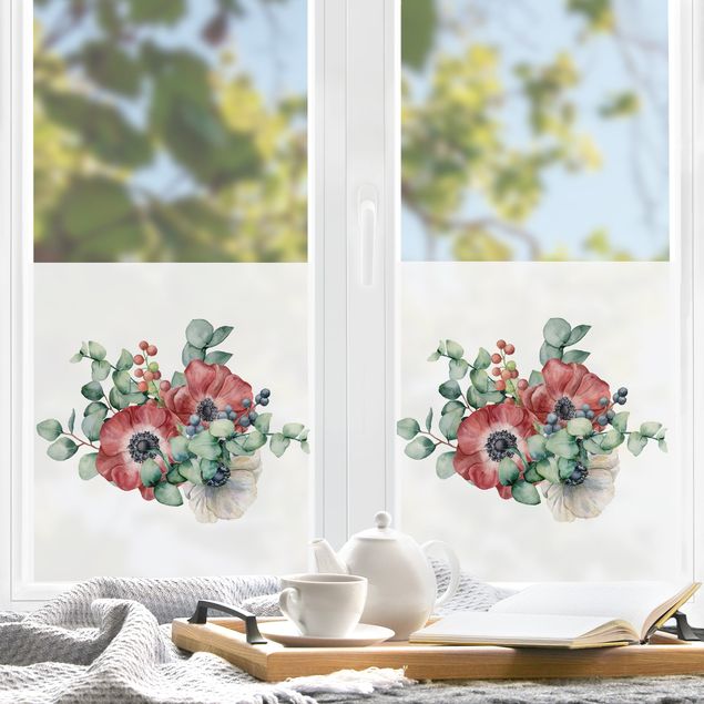 pellicola adesiva colorata per vetri Bouquet di anemoni e eucalipto in acquerello