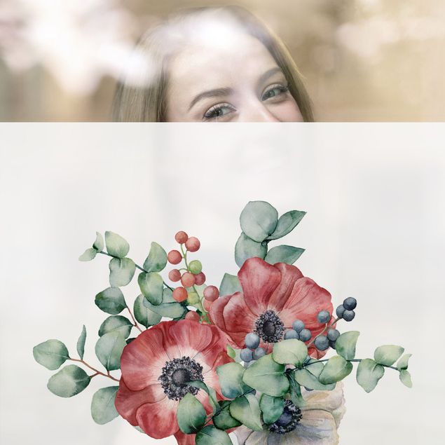 Pellicola vetro Bouquet di anemoni e eucalipto in acquerello