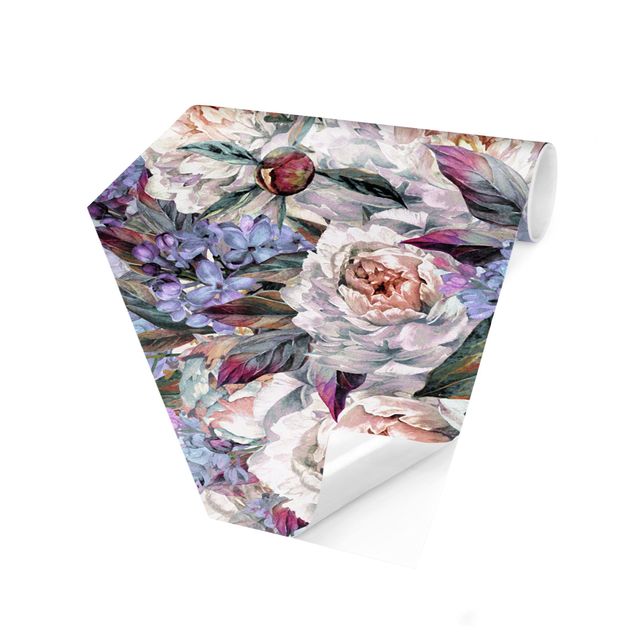 Carta da parati esagonale adesiva con disegni - Bouquet di peonie lilla in acquerello