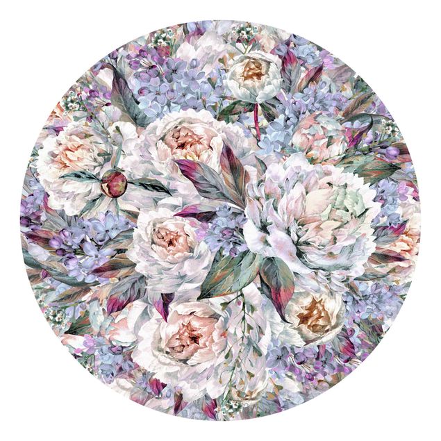 Carta da parati rotonda Bouquet di peonie lilla ad acquerello