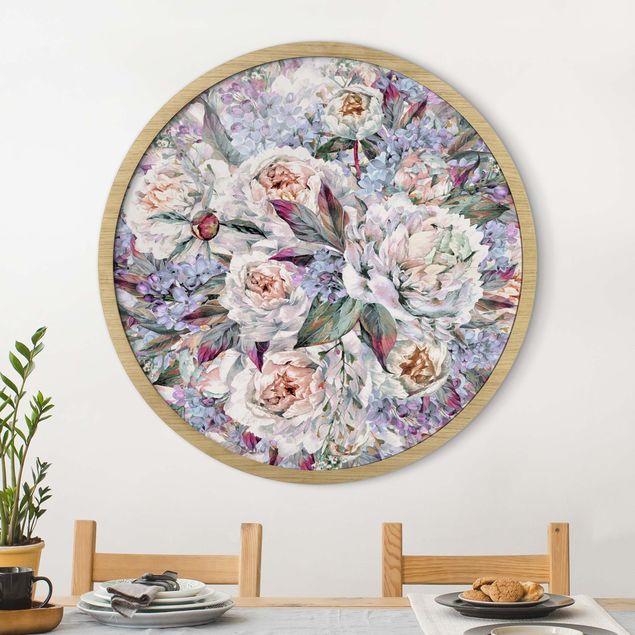 Poster con cornice rotonda Bouquet di peonie lilla ad acquerello