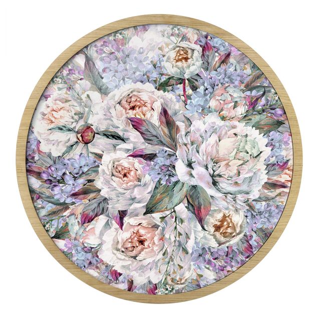 Quadro rotondo incorniciato - Bouquet di peonie lilla in acquerello