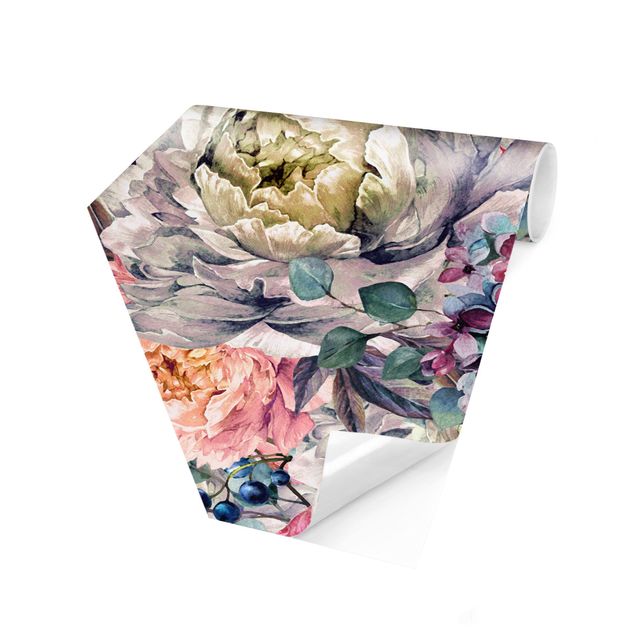 Carta da parati esagonale adesiva con disegni - bouquet floreale in acquerello