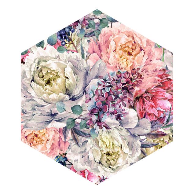 Carta da parati esagonale adesiva con disegni - bouquet floreale in acquerello