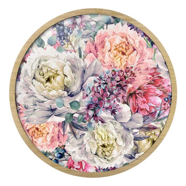 Quadro rotondo incorniciato - bouquet floreale in acquerello
