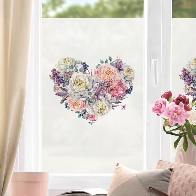 Pellicola per vetri per salone Bouquet di fiori e cuore acquerello