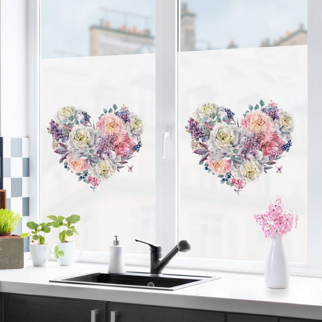 pellicola colorata per vetri Bouquet di fiori e cuore acquerello