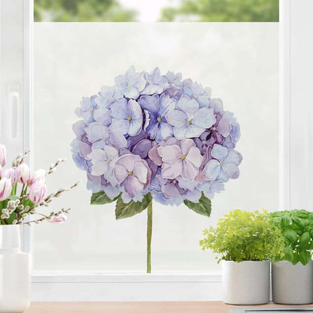 Pellicola per vetri per salone Ortensia fiori blu in acquerello XXL