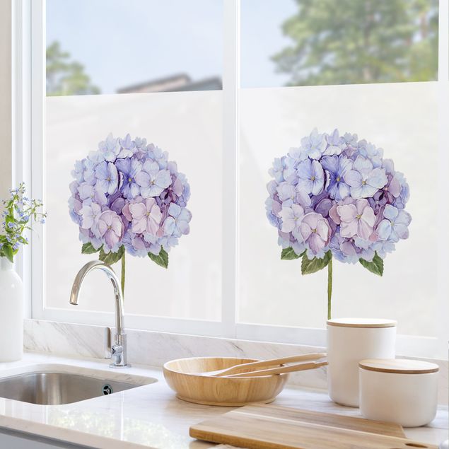 Pellicola per vetri Ortensia fiori blu in acquerello XXL