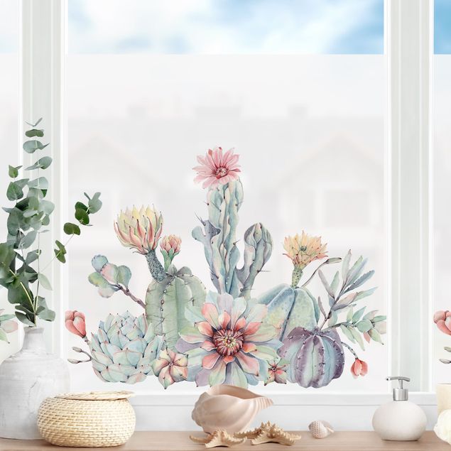 Pellicola per vetri con erbe Bouquet di fiori di cactus acquerello