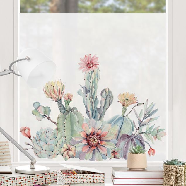 Pellicola per vetri per salone Bouquet di fiori di cactus acquerello