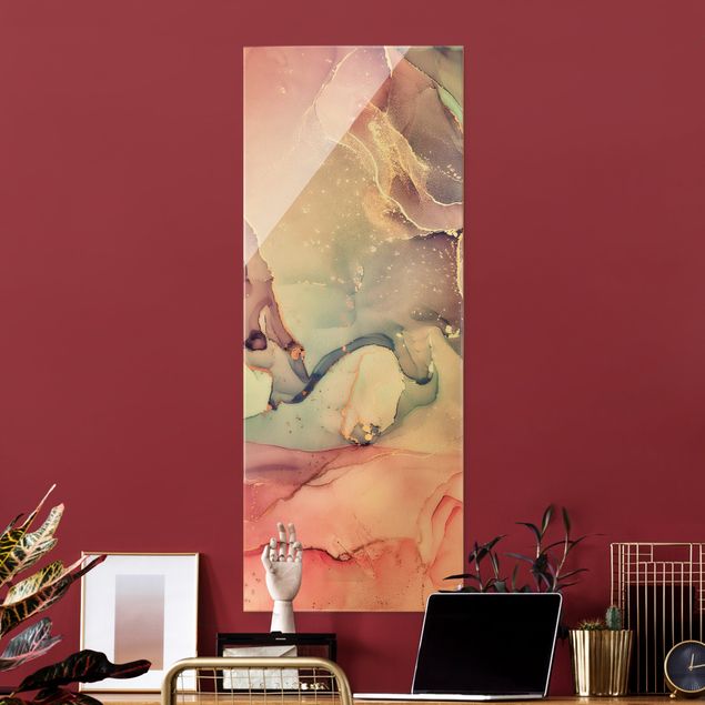 Quadro in vetro - Acquerello e pastello rosa con oro - Formato verticale