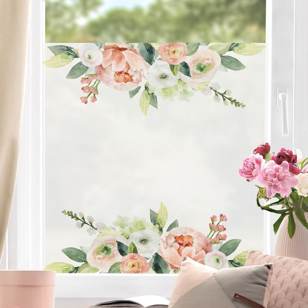 Pellicola per vetri con erbe Prato di fiori rosa in acquerello