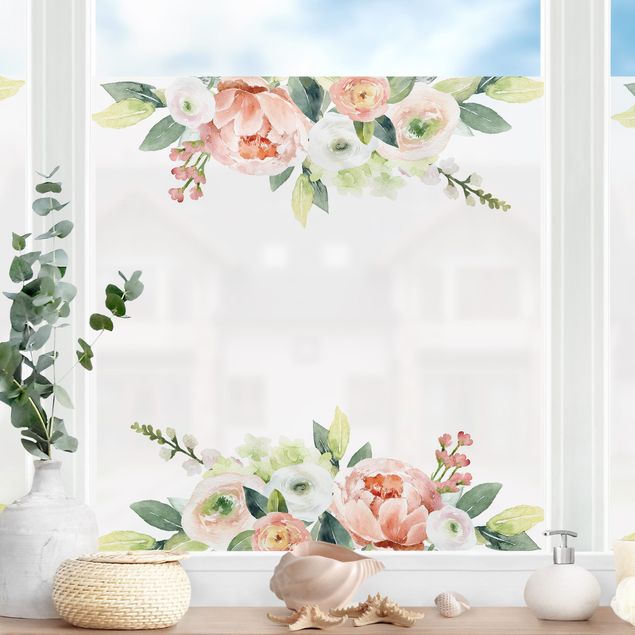 Pellicola per vetri per salone Prato di fiori rosa in acquerello