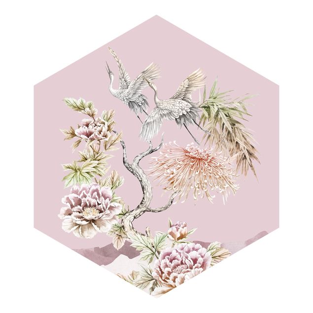 Carta da parati esagonale adesiva con disegni - Acquerello di cicogne in volo con fiori su rosa