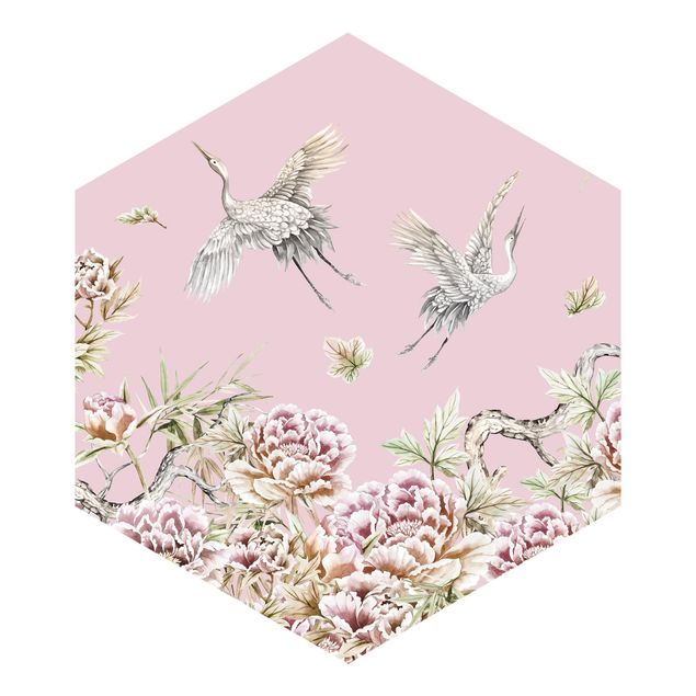 Carta da parati esagonale adesiva con disegni - Acquerello di cicogne in volo con rose su rosa