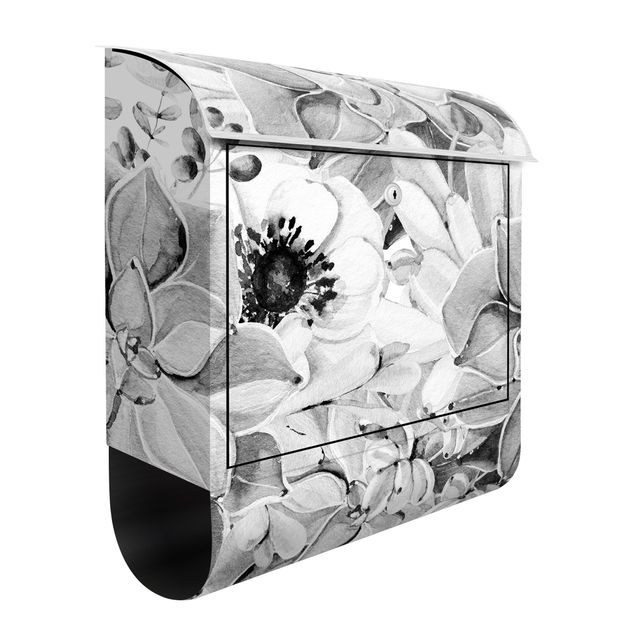 Cassetta postale - Pianta grassa con fiori in acquerello bianco e nero