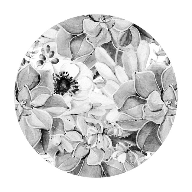 Tappeto in vinile rotondo - Pianta grassa con fiori in acquerello bianco e nero
