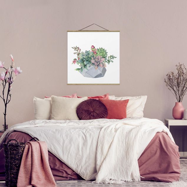Foto su tessuto da parete con bastone - Illustrazione di piante grasse in acquerello - Quadrato 1:1
