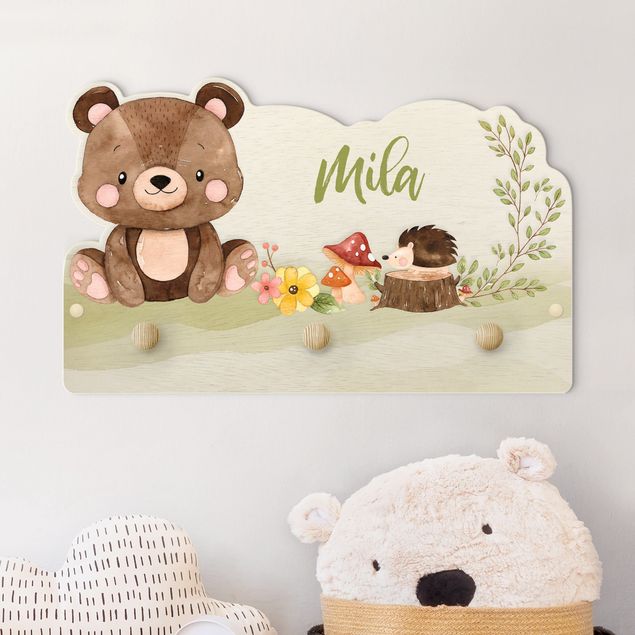 Appendiabiti per bambini - Animali della foresta orso con nome personalizzato in acquerello