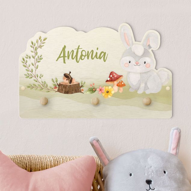 Kinderzimmer Wandgarderobe mit Tieren Animale della foresta ad acquerello - Coniglietto con nome personalizzato