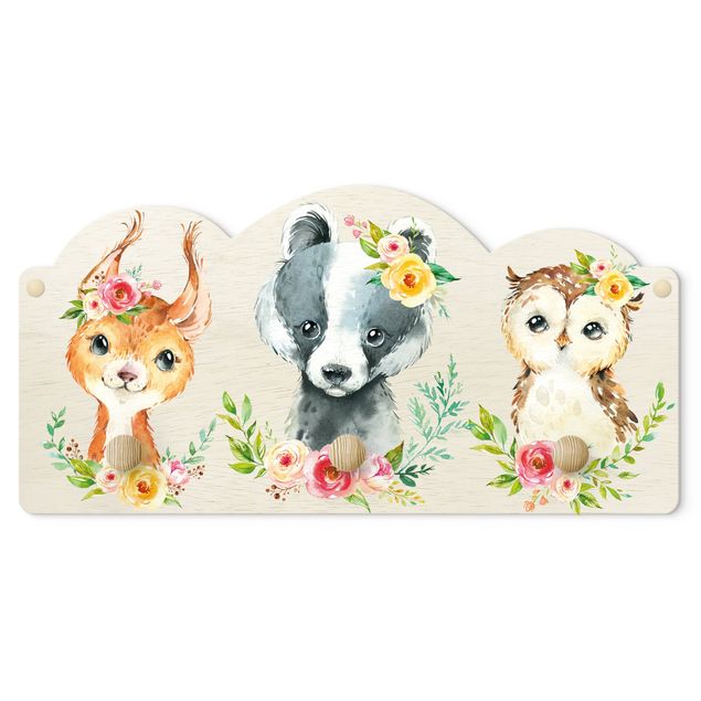 Appendiabiti per bambini - Animali della foresta con fiori in acquerello III