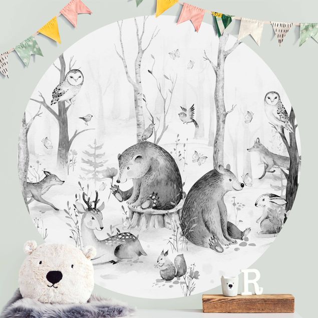carta da parati fiori acquerello Acquerello - Amici animali della foresta in bianco e nero