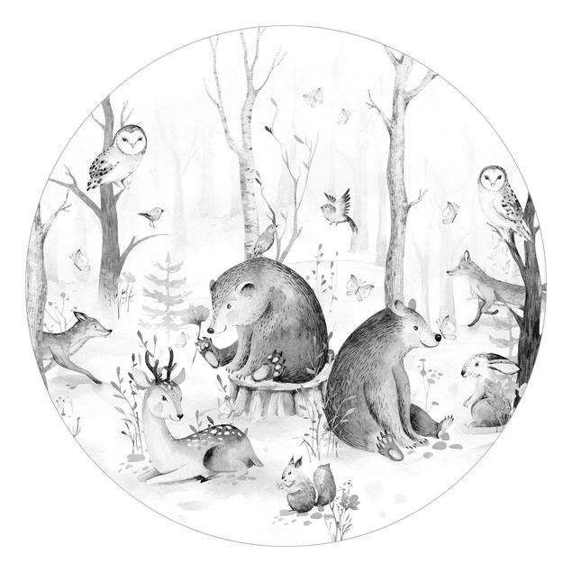 Carta da parati circolare Acquerello - Amici animali della foresta in bianco e nero