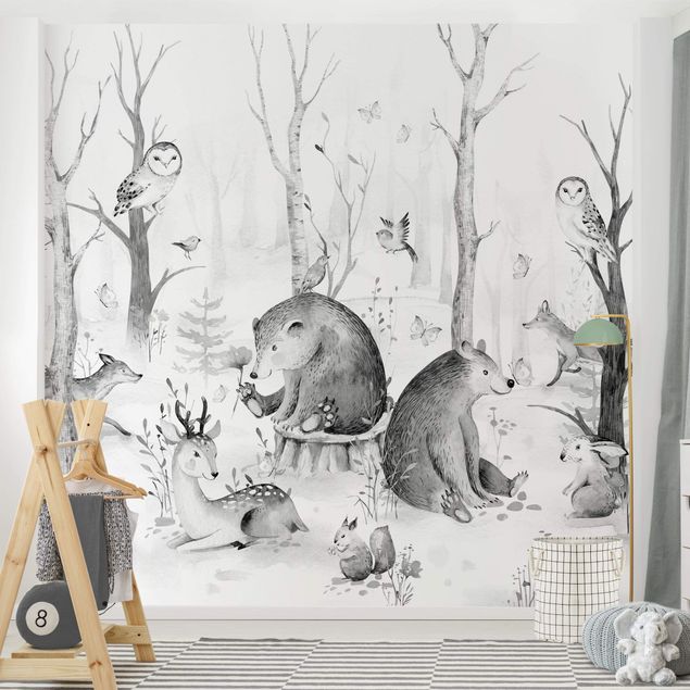 Carta da parati acquerello Acquerello - Amici animali della foresta in bianco e nero