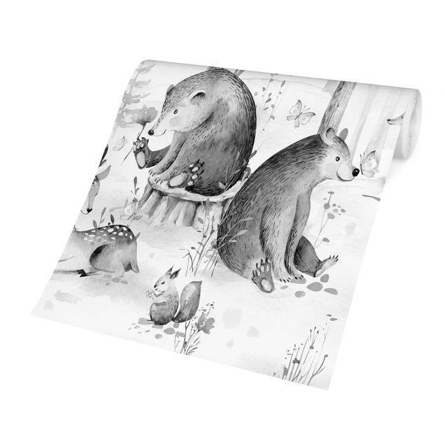 Carta da parati - Amici animali della foresta ad acquerello bianco e nero