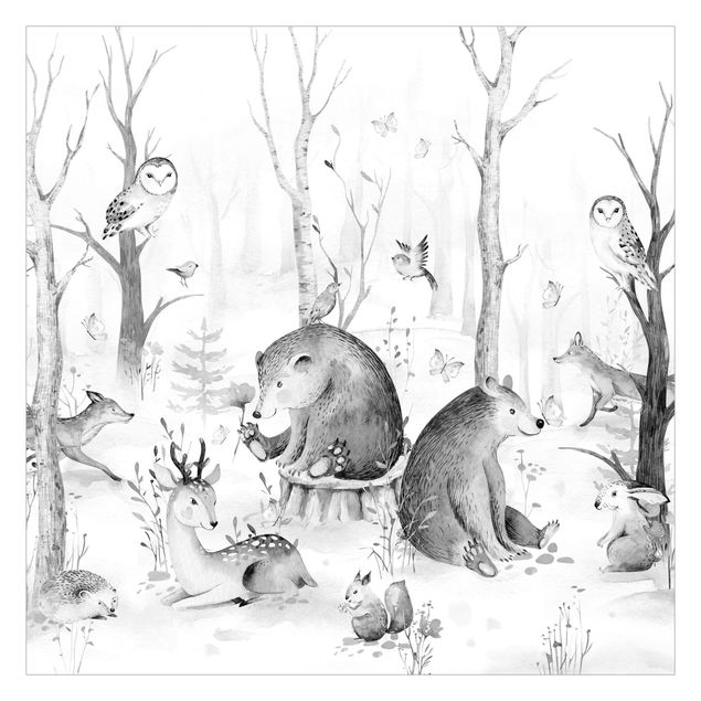 Carta da parati - Amici animali della foresta ad acquerello bianco e nero