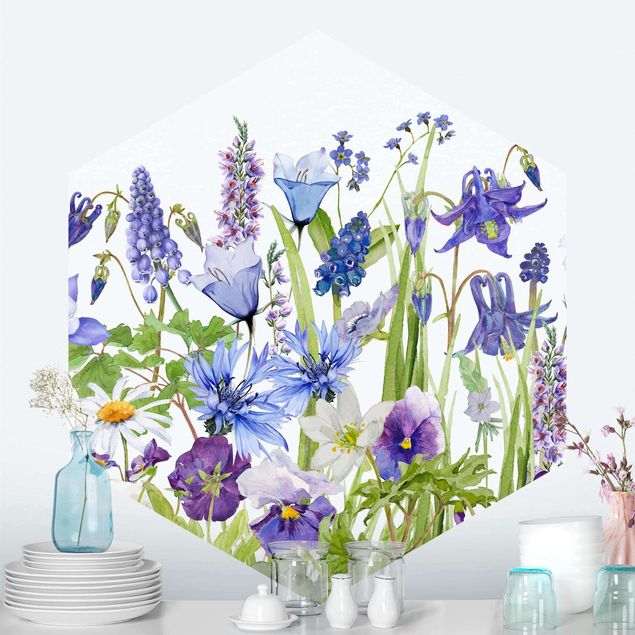 Carta da parati fiori acquerello Prato fiorito ad acquerello in blu