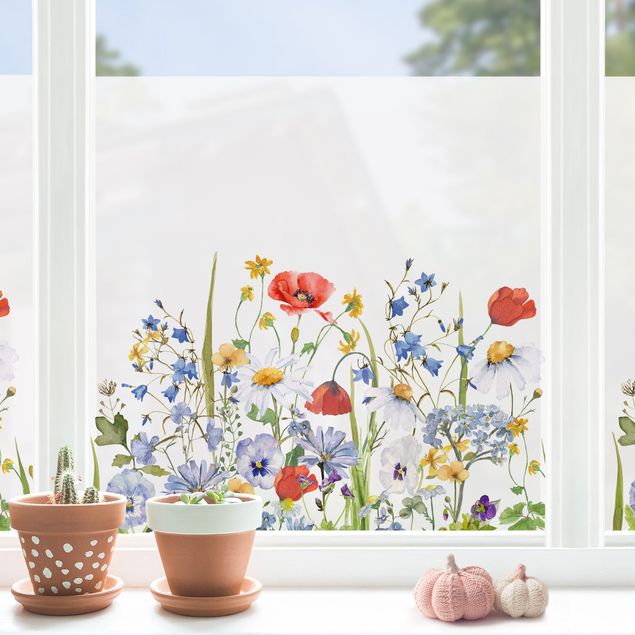 Pellicola per vetri con erbe Prato fiorito con papavero in acquerello