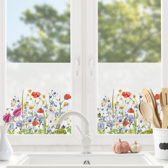 Pellicola per vetri colorata Prato fiorito con papavero in acquerello