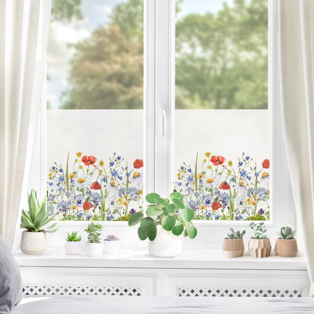 Pellicole per vetro Prato fiorito con papavero in acquerello