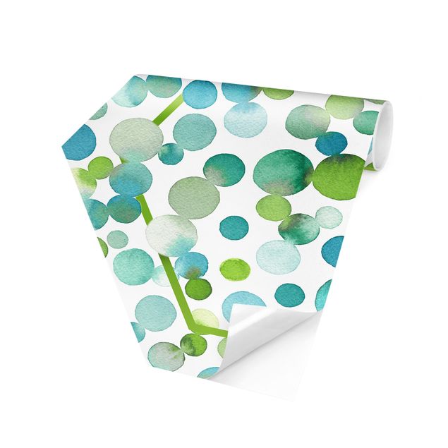 Carta da parati esagonale adesiva con disegni - Puntini acquerello e coriandoli in verde blu