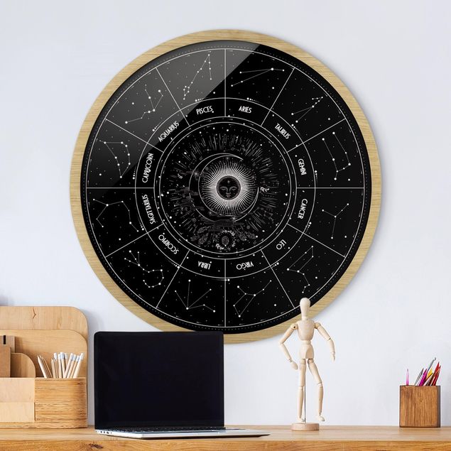 Poster con cornice rotonda Astrologia I 12 segni zodiacali Nero