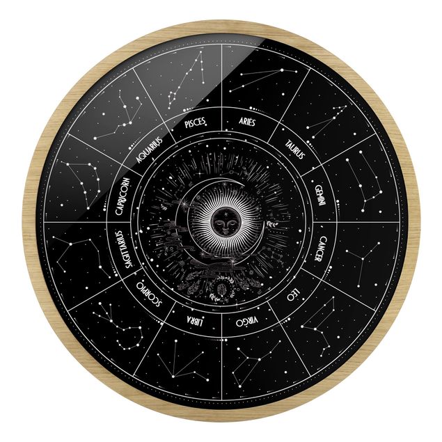 Quadro rotondo incorniciato - Astrologia I 12 segni zodiacali in nero