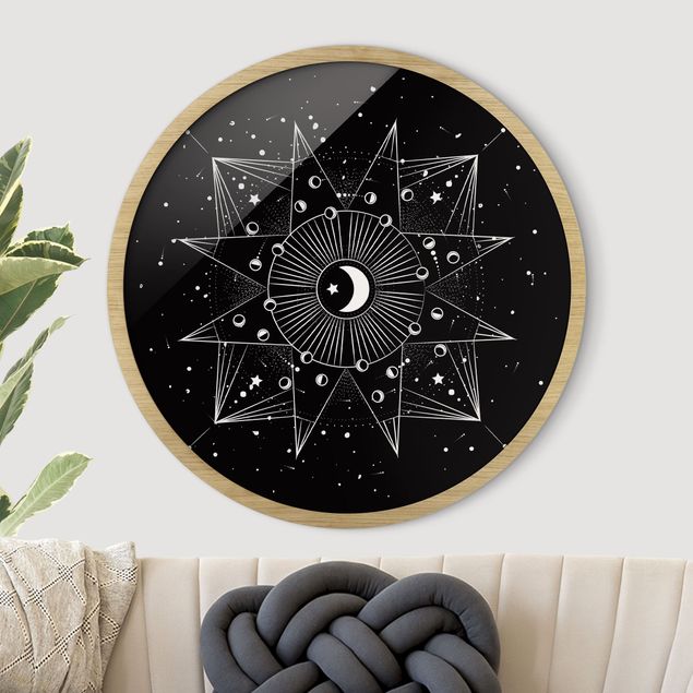 Poster con cornice rotonda Astrologia Luna Magia Nero