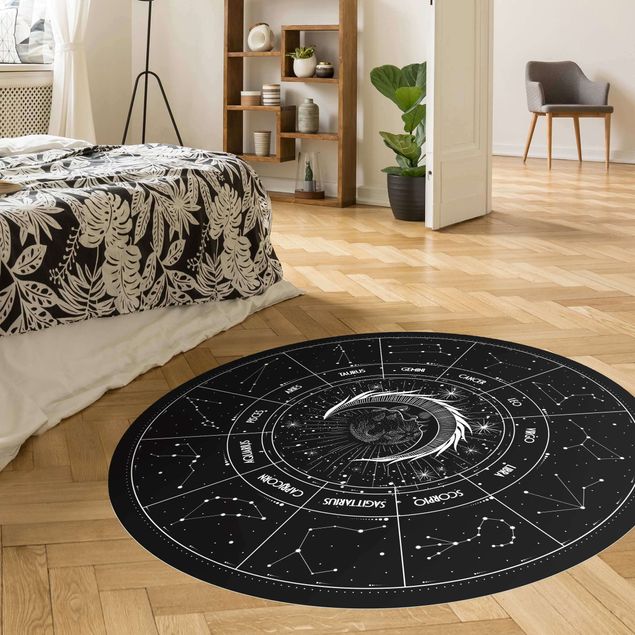 Tappeto nero salotto Astrologia Luna e segni zodiacali nero