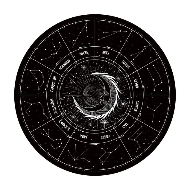 Tappeto in vinile rotondo - Astrologia Luna e segni zodiacali in nero