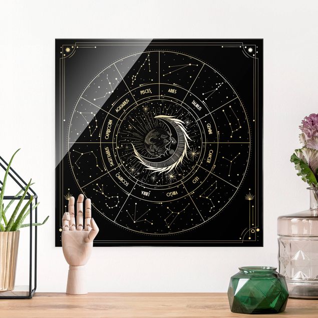Lavagna magnetica in vetro Astrologia Luna e segni zodiacali nero