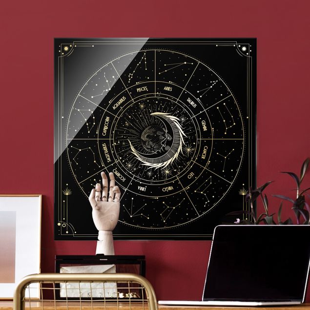 Quadro in vetro - Astrologia Luna e segni zodiacali in nero - Quadrato