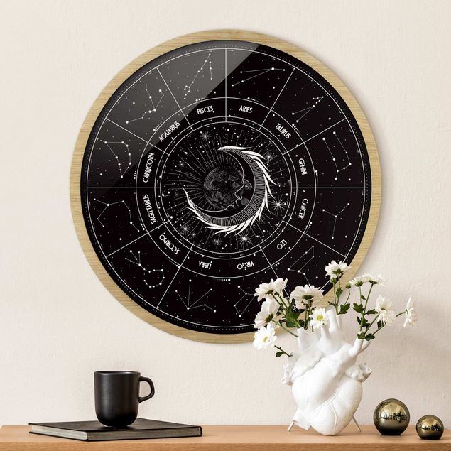 Poster con cornice rotonda Astrologia Luna e segni zodiacali nero