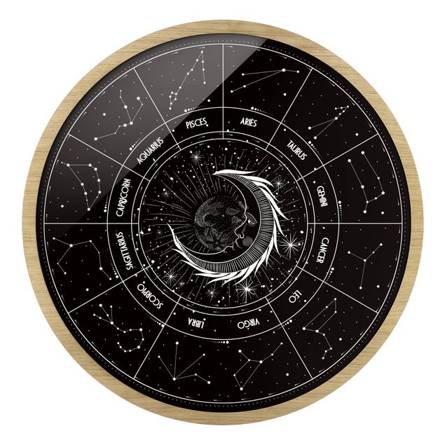Quadro rotondo incorniciato - Astrologia Luna e segni zodiacali in nero