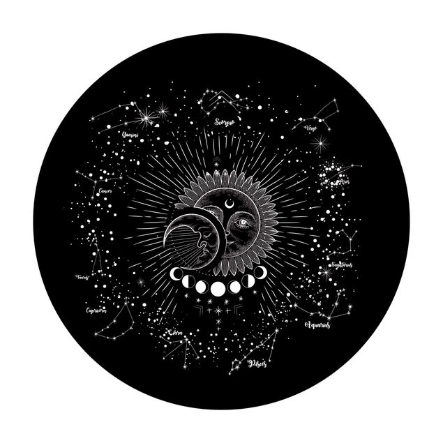 Tappeto in vinile rotondo - Astrologia Sole Luna e stelle in nero